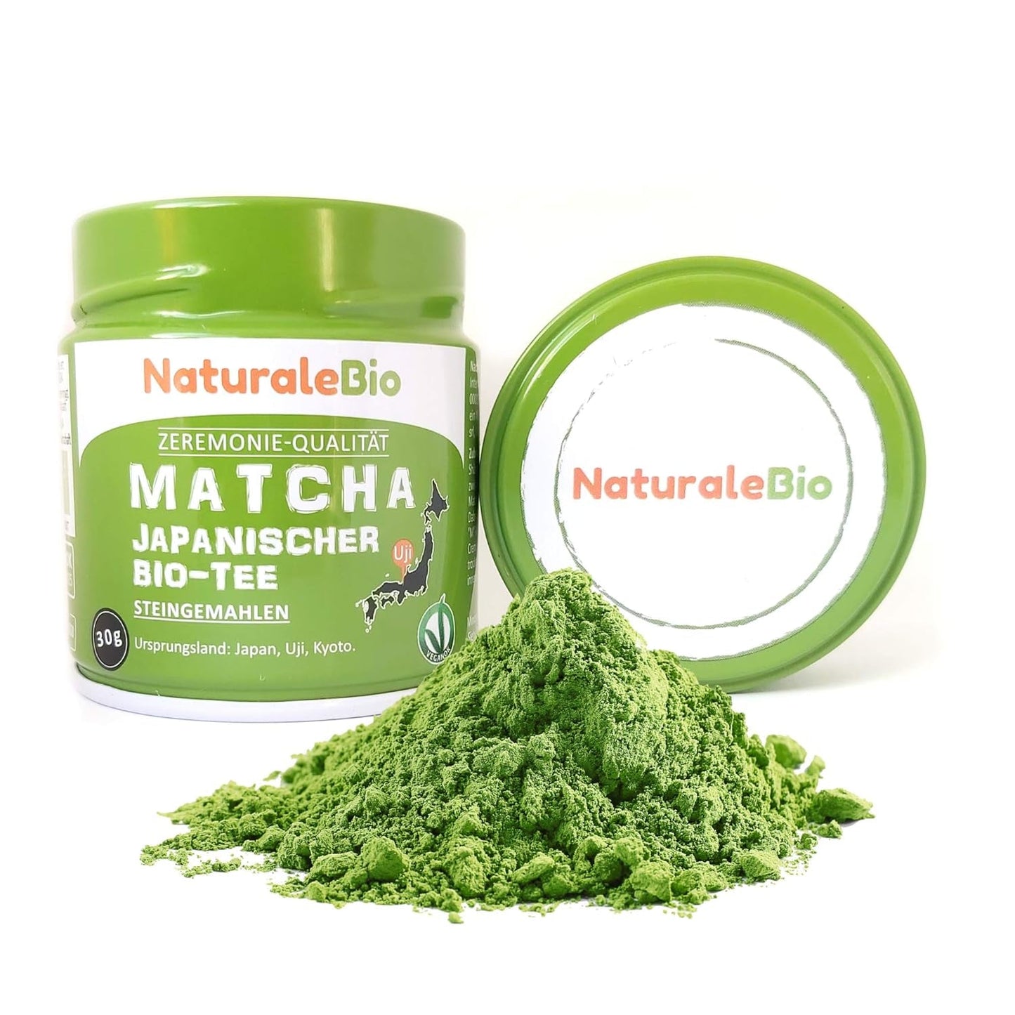 Naturalebio Ceremonial Grade Matcha Tea Powder Originální zelený čaj z Japonska. Ceremoniální prášek ze zeleného čaje Matcha vyrobený v Uji, Kyoto. Ideální na pití, vaření a latté. Krabička 30g.