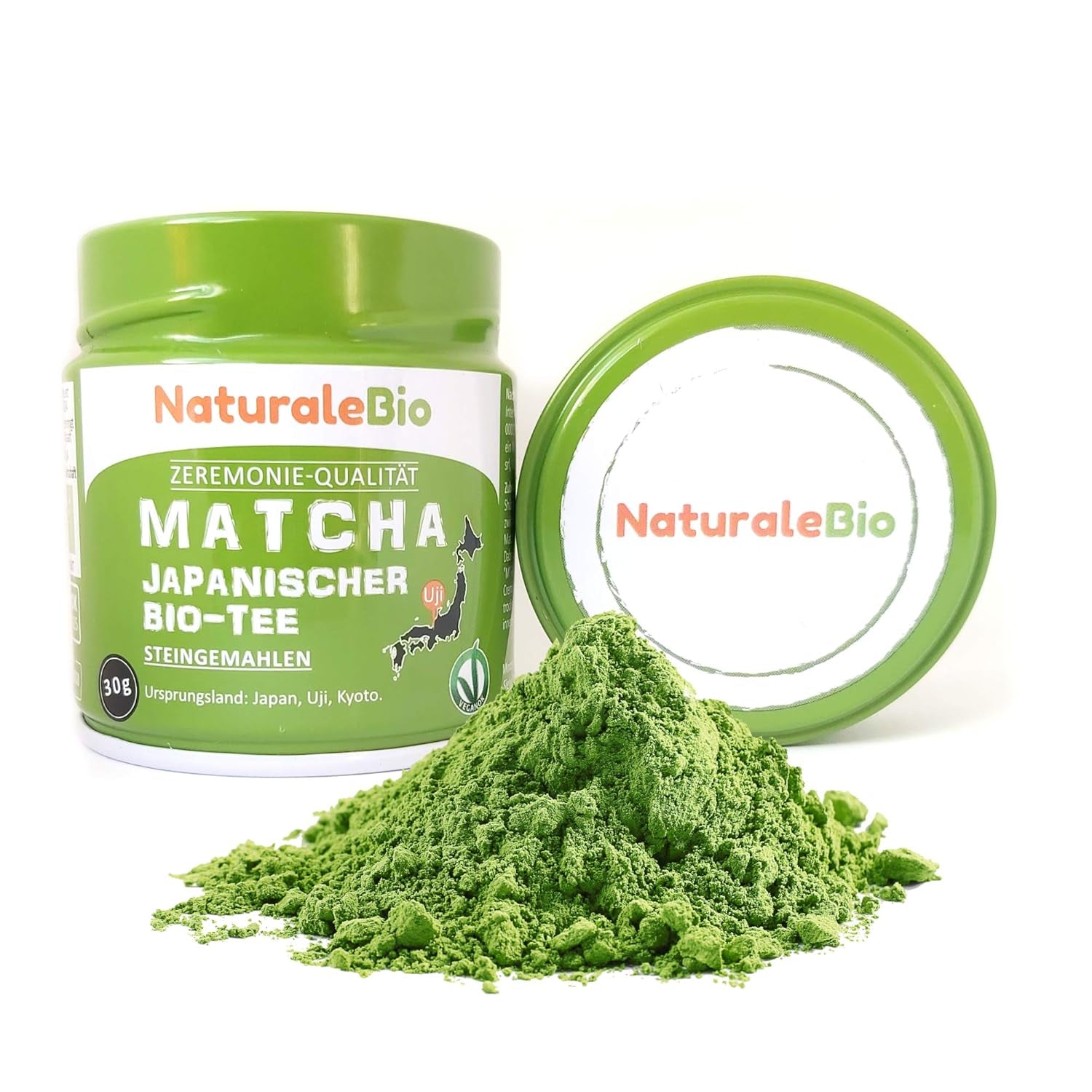 Naturalebio Ceremonial Grade Matcha Tea Powder Originální zelený čaj z Japonska. Ceremoniální prášek ze zeleného čaje Matcha vyrobený v Uji, Kyoto. Ideální na pití, vaření a latté. Krabička 30g.