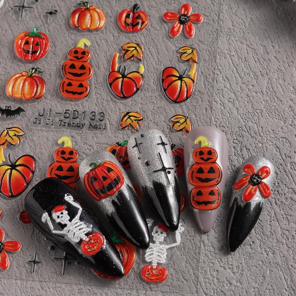 JMEOWIO 3D Nálepka na nehty Halloween Nail Art Nálepka Selbstklebend Nagelaufkleber 5D Stereoskopisch Süßer Geisterkürbis Dekoration Nageldesign Zubehör 4 Blatt