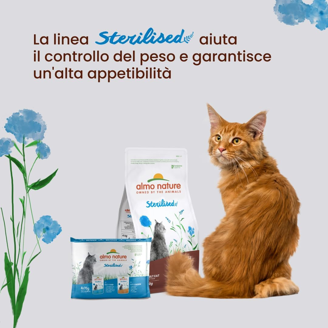 Almo Nature Functional - Sterilizované - Mokré krmivo pro dospělé a starší kočky, sterilizované nebo méně aktivní - s treskou a kuřecím masem - Nízkotučné, zvlhčující - 70 g (balení 6 ks)