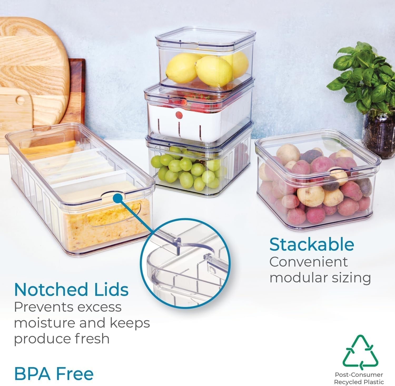 Úložné boxy iDesign, organizér na lednici s víkem v sadě 5 ks, boxy na skladování potravin z recyklovaného plastu pro organizaci spotřebního materiálu, průhledné a bílé boxy na skladování potravin Naty Shop
