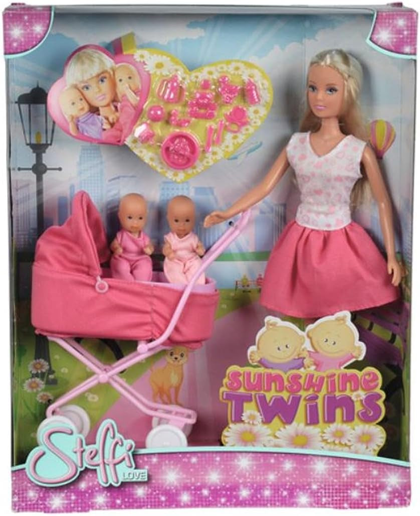 Simba Steffi Love Sunshine Twins – panenka s dvojčaty a kočárkem, včetně doplňků, jako jsou lahvičky a hračky, varianta pro 2 panenky, sada panenek pro děti od 3 let