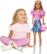 Módní panenka Barbie 71cm blondýnka s odepínacím oblečením Růžová top džínová sukně Kovbojské boty náhrdelník a kabelka HYT84