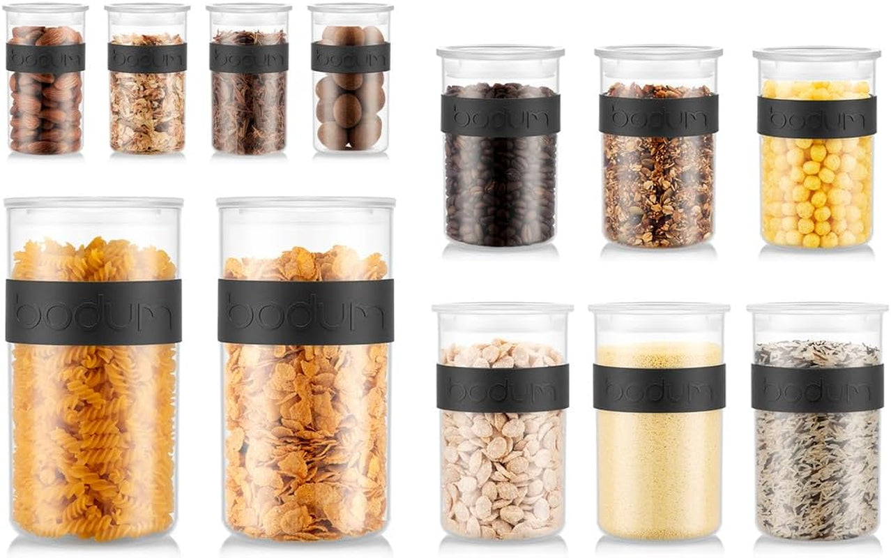 Skladovací dózy BODUM PRESSO, plastové, černé, 4 x 0,25 l, 3 x 0,6 l, 3 x 1 l, 2 x 2 l Naty Shop boxy na skladování potravin Black 4 X 0,25 L, 3 X 0,6 L, 3 X 1,0 L, 2 X 2,0 L