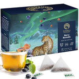 Prémiové sáčky zeleného čaje Blooms & Leopard – směs Berry Borealis s ibiškem, borůvkou, jahodou a mátou – 20 pyramidových čajových sáčků na horký nebo studený čaj