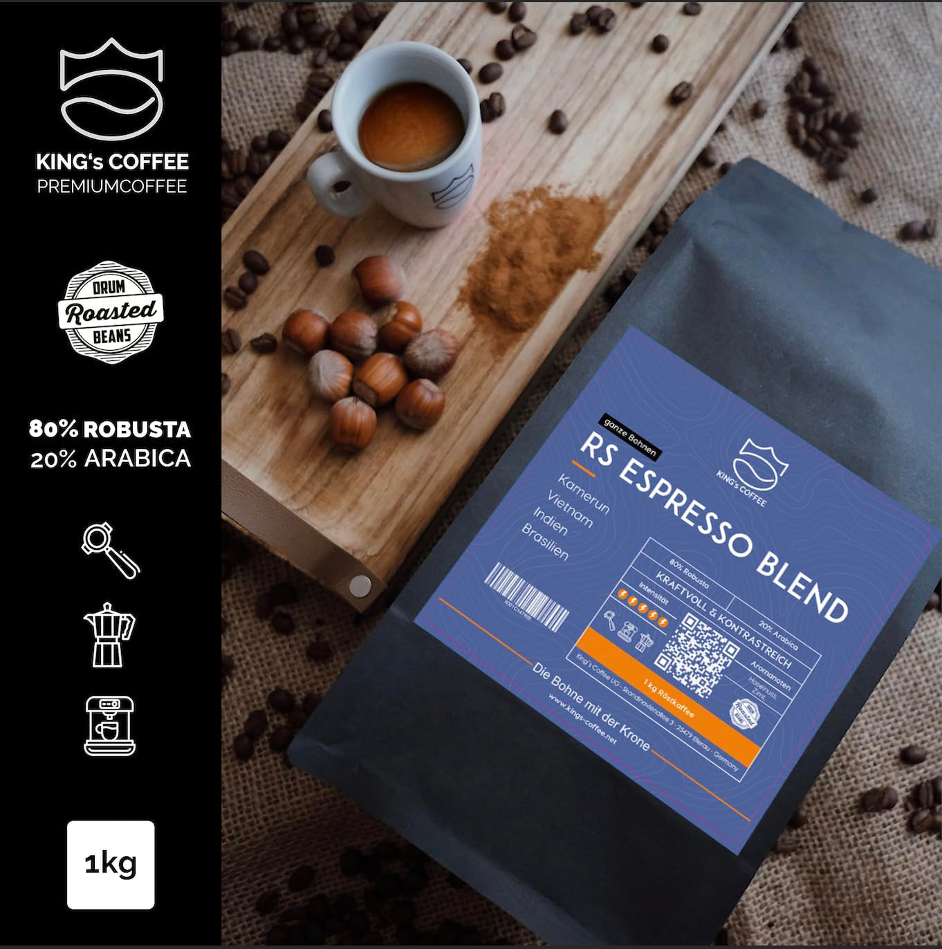 KING'S COFFEE - AMESTEC RS ESPRESSO - 1 kg silná a aromatická zrnková káva - káva s nízkou kyselostí - celozrnná káva - pražení malých dávek z Itálie - zrna espressa pro plně automatické stroje a portafiltrační stroje