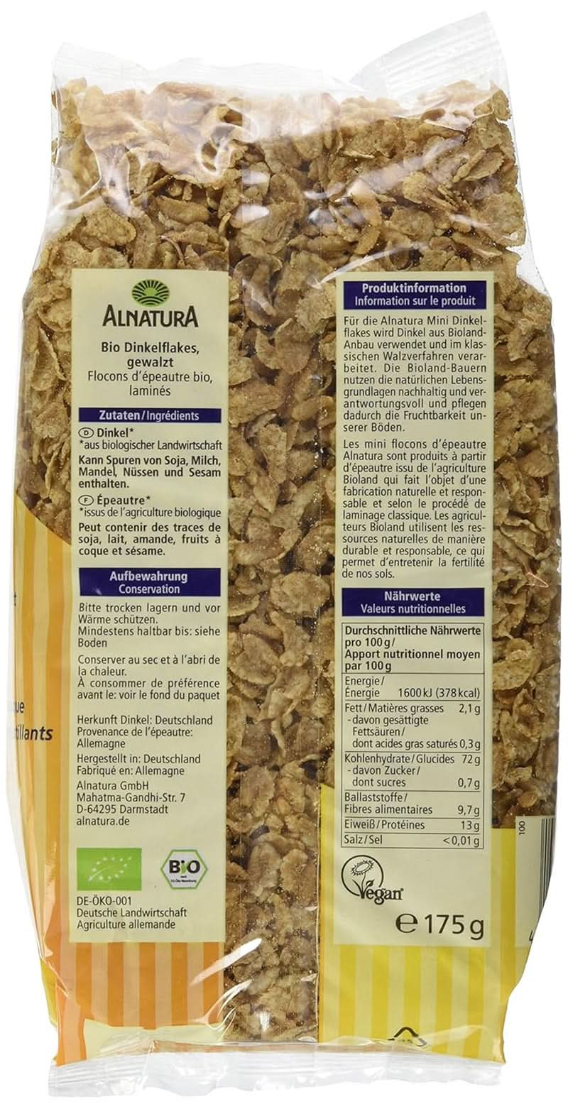 Mini špaldové vločky - Bio kvalita - Neslazené, křupavé - Snídaně, 175 gramů Cereals Naty Shop