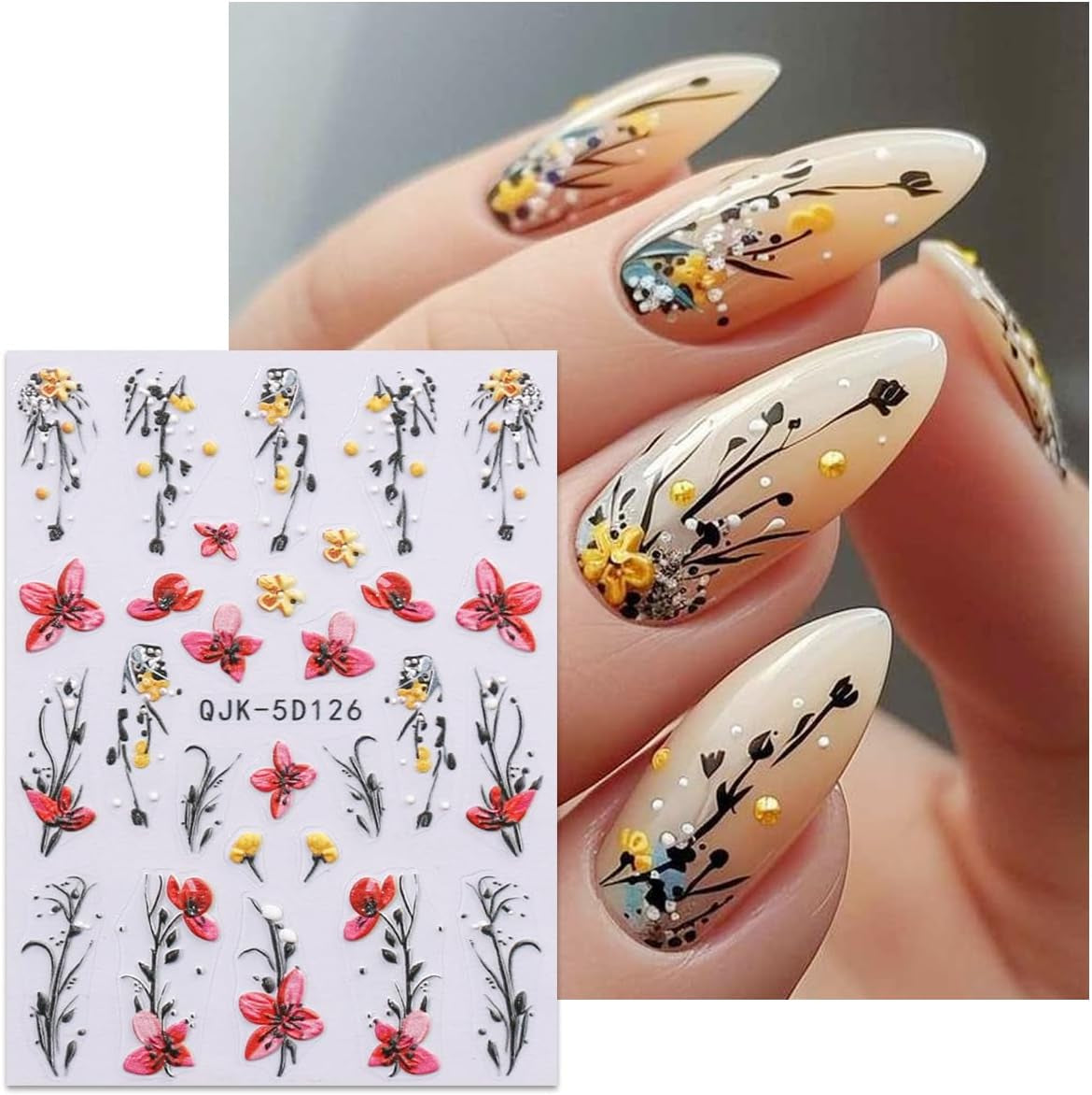 JMEOWIO 3D Nálepka na nehty Blumen Nálepka na nehty Selbstklebend Nagelaufkleber 5D Stereoskopické jarní letní dekorace Nageldesign Zubehör 4 Blatt