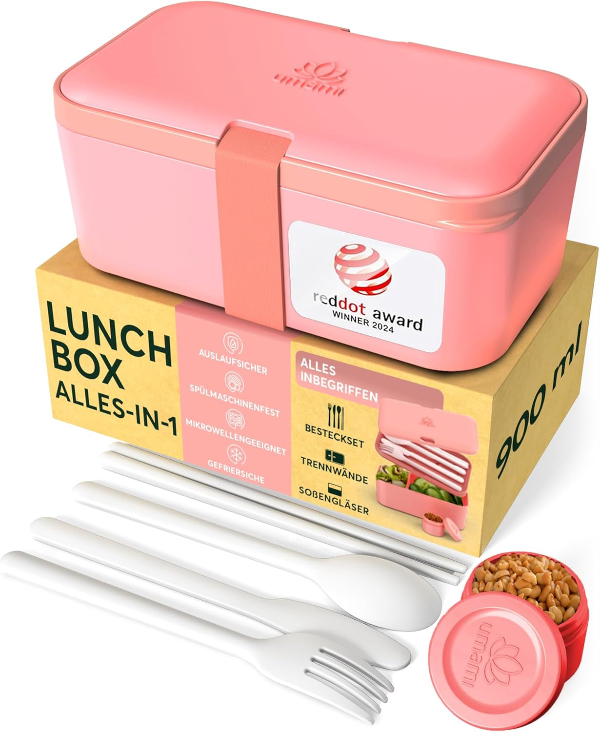 Box na oběd Umami pro dospělé, stohovací Bento Box se 4 příbory a přihrádkami, Box na oběd pro dospělé, Zásobník na salát, Piknikový / Kancelářský box na oběd, Uhlově šedá, 1500 ml Naty Shop Box na skladování potravin Coral Pink - 900 ml M - 900 M - 900/1