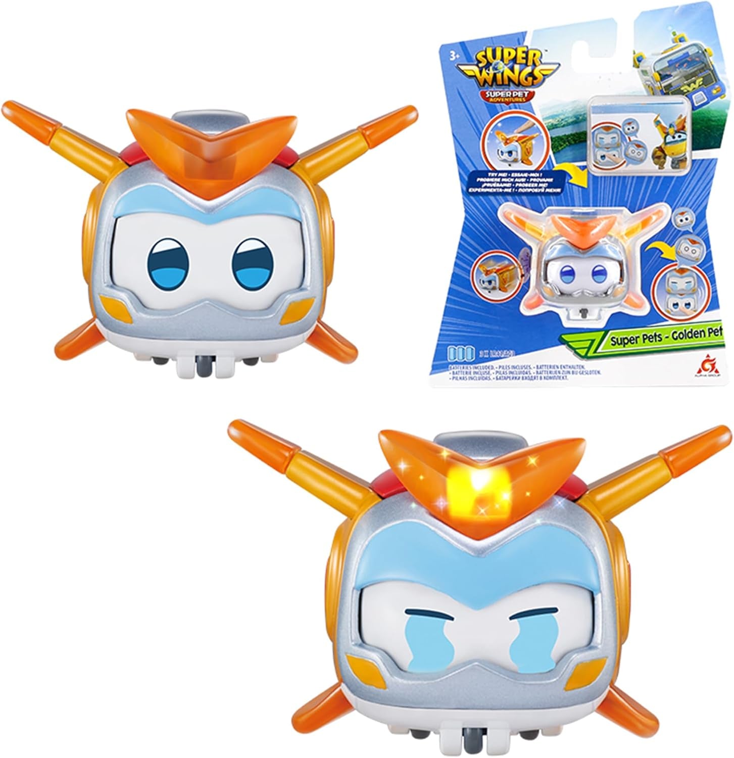 Super Wings Super Pets 4 KS Shine, Golden Boy, Jerome, Ellie Přepínatelná Přenosná hračka pro výraz obličeje Bleskový efekt pro 3 4 5 6 7 8letého chlapce Dívka 2palcové akční figurky Naty Shop Golden Boy