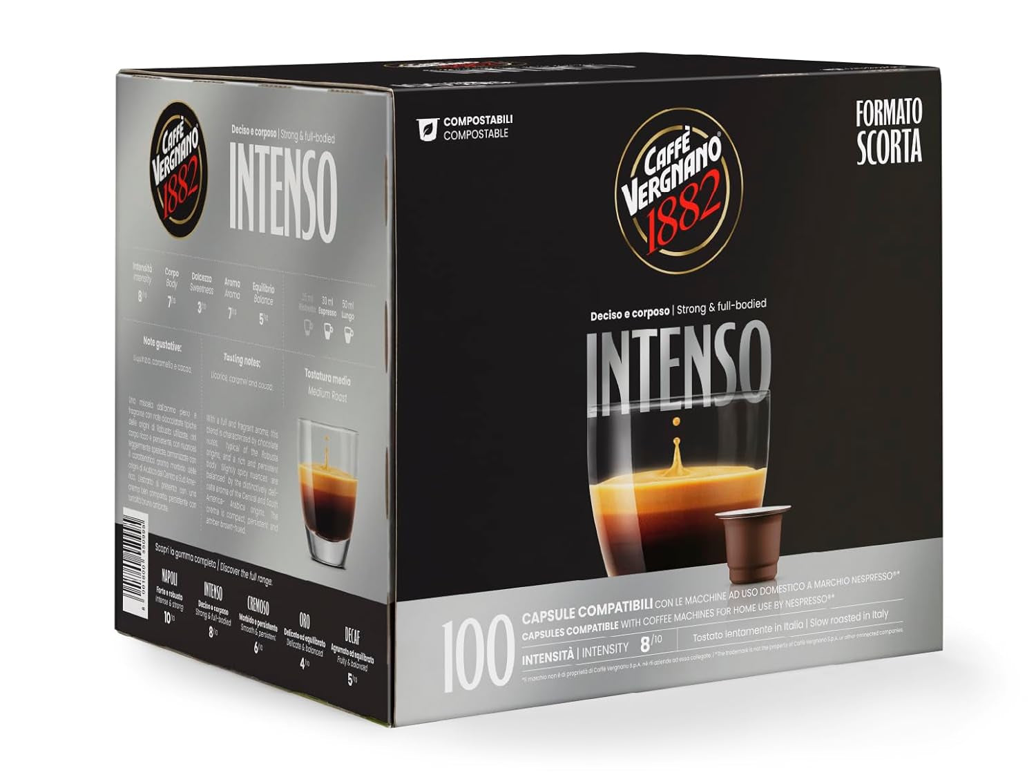 Caffè Vergnano 1882 - Èspresso Kompostierbare Kaffeekapseln, kompatibilní s Nespresso, Intenso (Intenso) - Packung Enthält 100 Kapseln