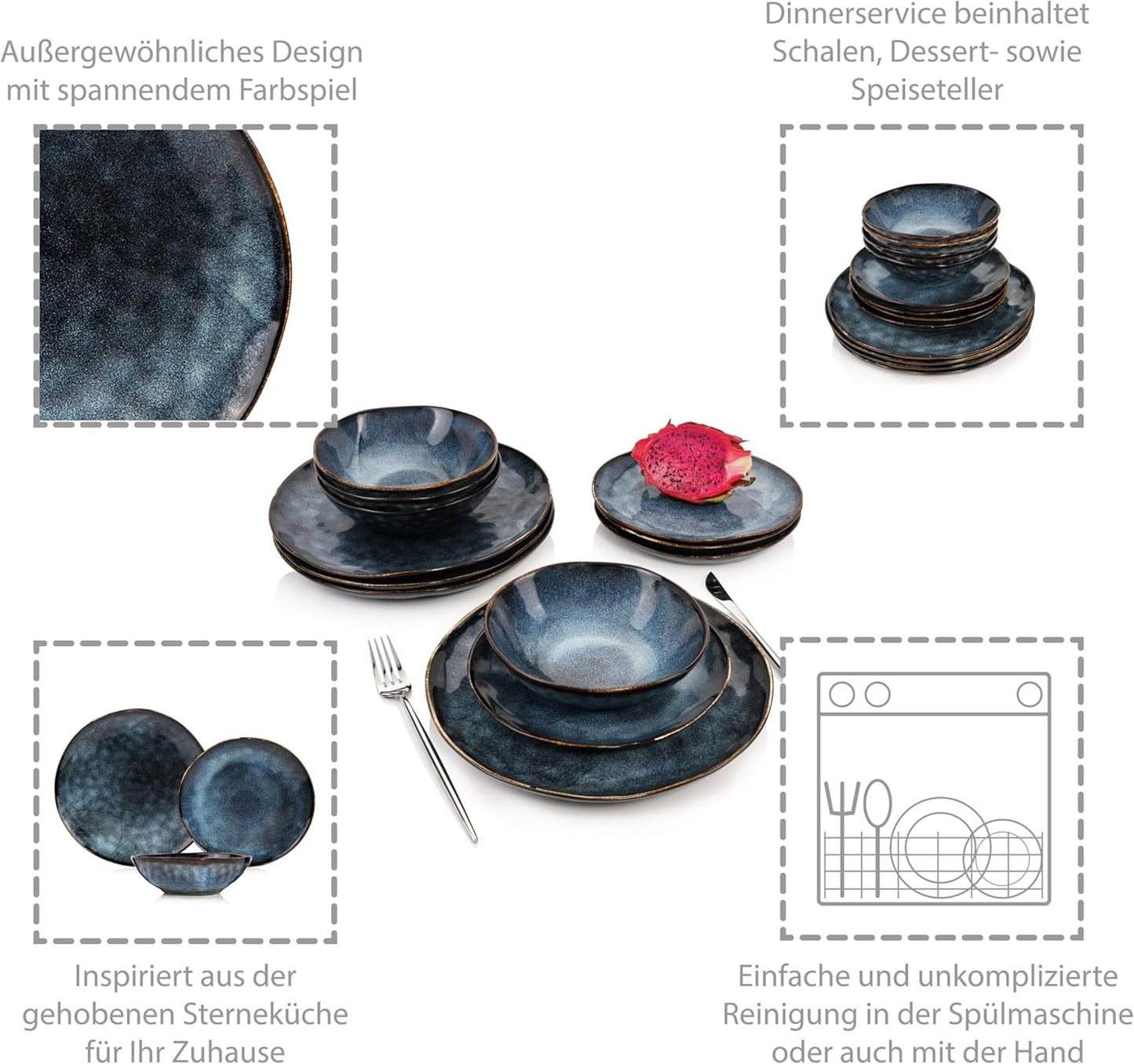 SANGER | Tokyo Dinnerware Set 12dílná sada kameninového nádobí pro 4 včetně talířů, dezertních talířů a misek, tmavě modrá s černými akcenty | PRÉMIOVÁ KOLEKCE