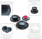 SANGER | Tokyo Dinnerware Set 12dílná sada kameninového nádobí pro 4 včetně talířů, dezertních talířů a misek, tmavě modrá s černými akcenty | PRÉMIOVÁ KOLEKCE