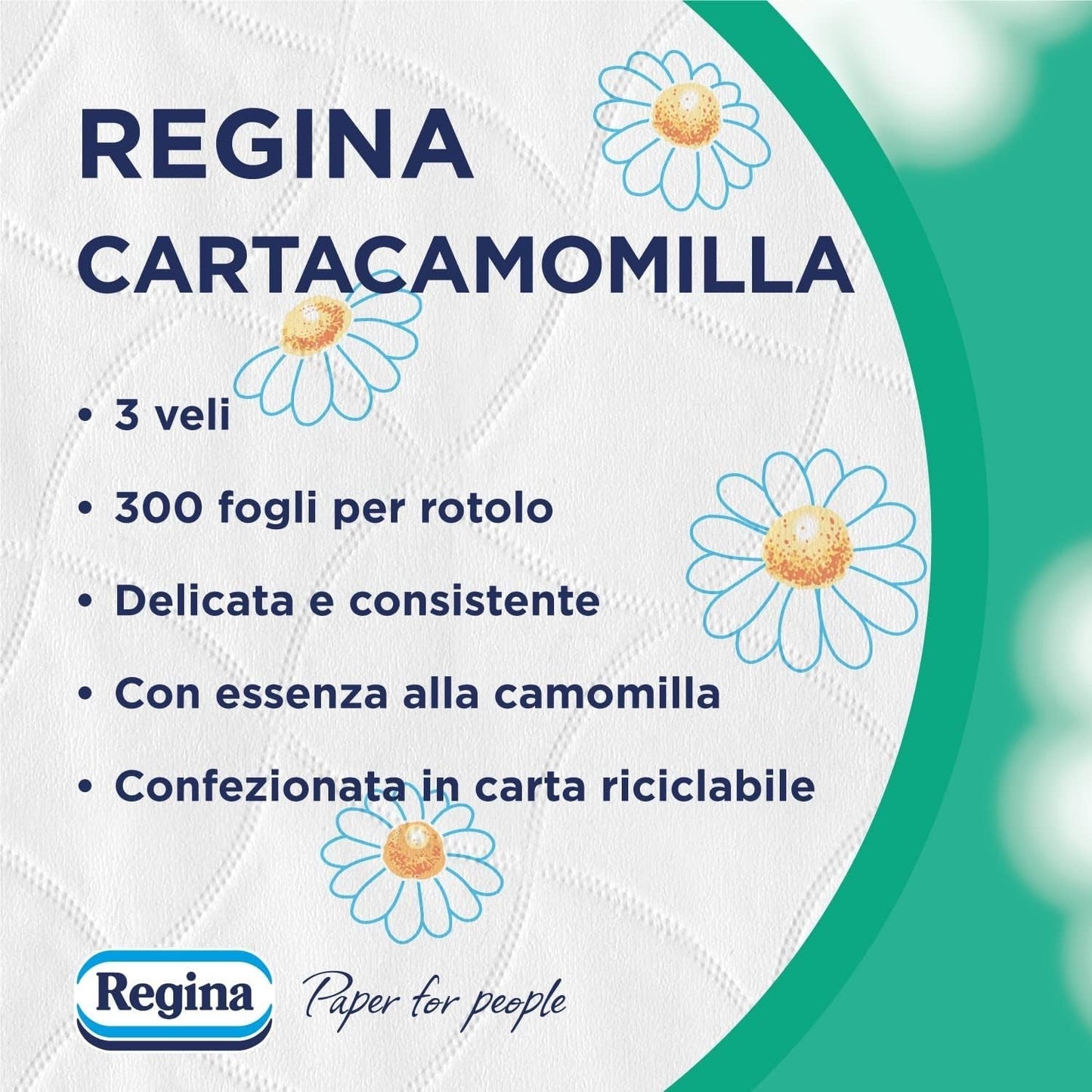 Regina Cartacamomilla – 8 rolí toaletního papíru, 300 načechraných listů, 3 vrstvy, měkký a pevný, obal z recyklovatelného papíru