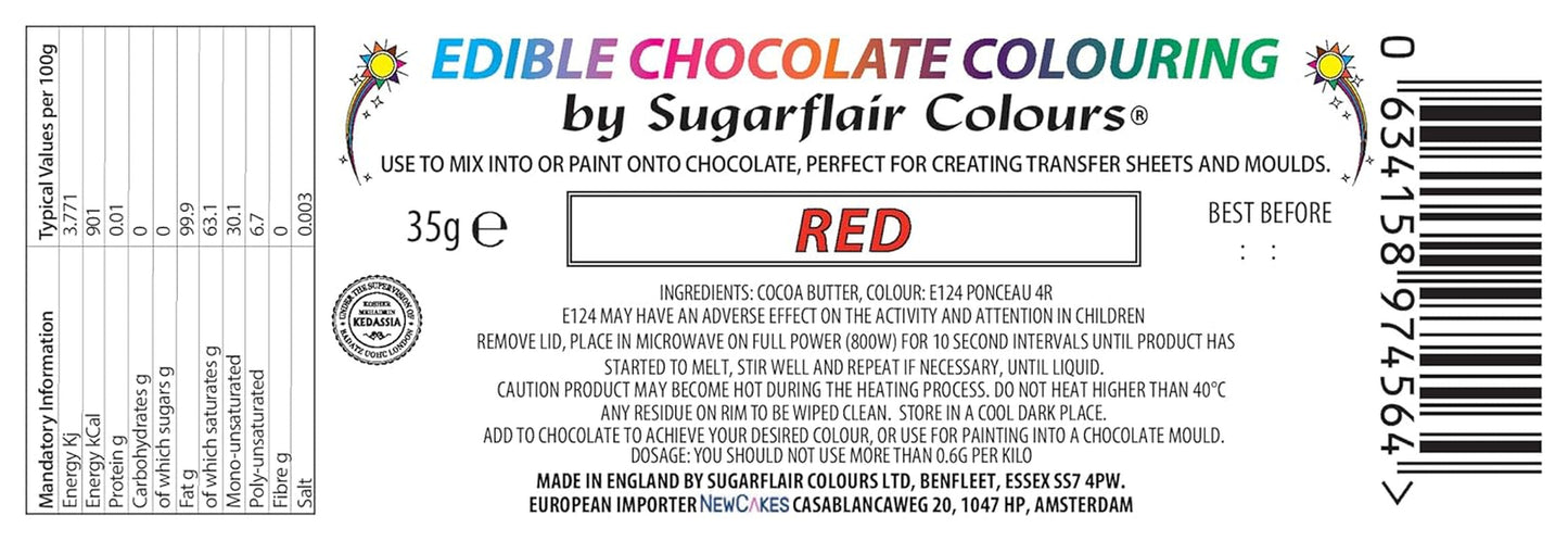 Potravinářské barvivo Sugarflair Chocolate Potravinářské barvivo na červenou čokoládu - Obarvené bio kakaové máslo, čokoládové barvivo na barvení čokolády, pralinek - 35g