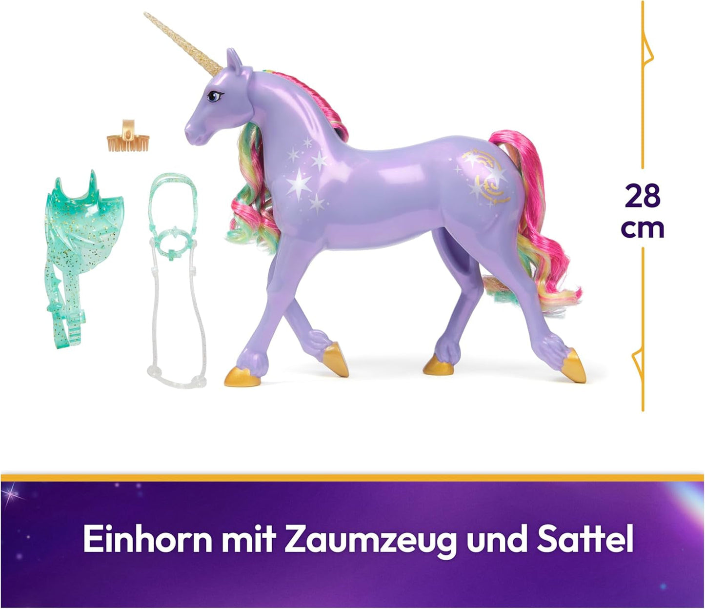 Wildstar Unicorn od Unicorn Academy – 28 cm vysoký originální jednorožec Sophia ze série Netflix se skutečnou hřívou a ocasem, odnímatelnou uzdou a sedlem a kartáčem, pro děti od 4 let