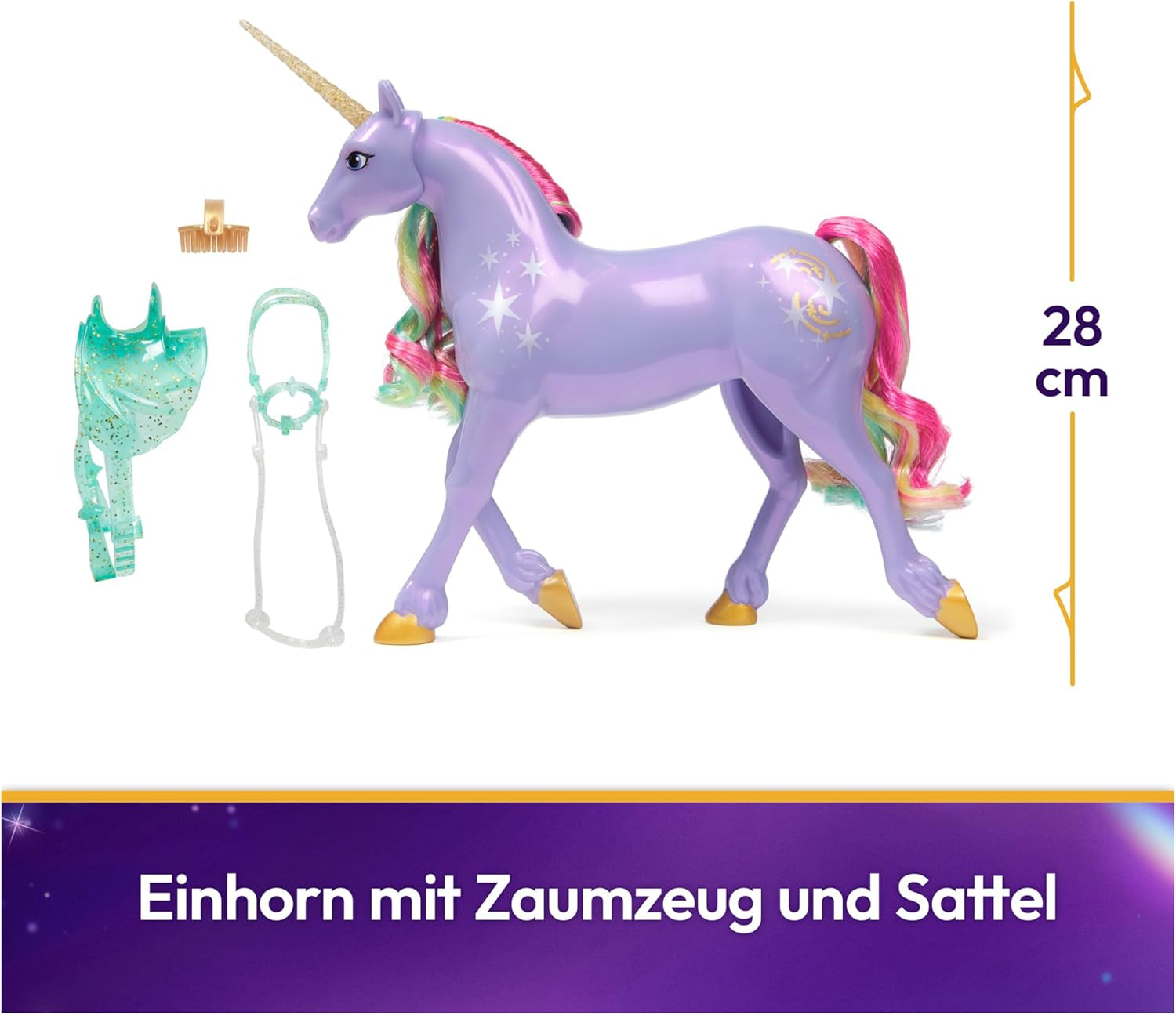 Wildstar Unicorn od Unicorn Academy – 28 cm vysoký originální jednorožec Sophia ze série Netflix se skutečnou hřívou a ocasem, odnímatelnou uzdou a sedlem a kartáčem, pro děti od 4 let