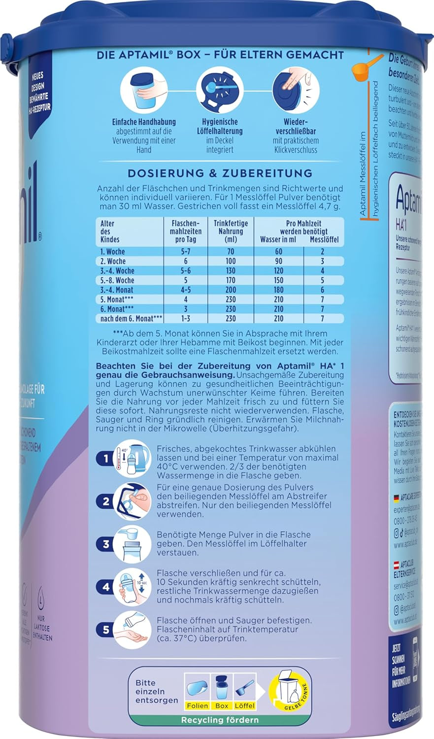 Aptamil HA 1 - kojenecká výživa od narození, s DHA, bez laktózy, bez palmového oleje, dětská výživa, sušené mléko, 1 x 800 g