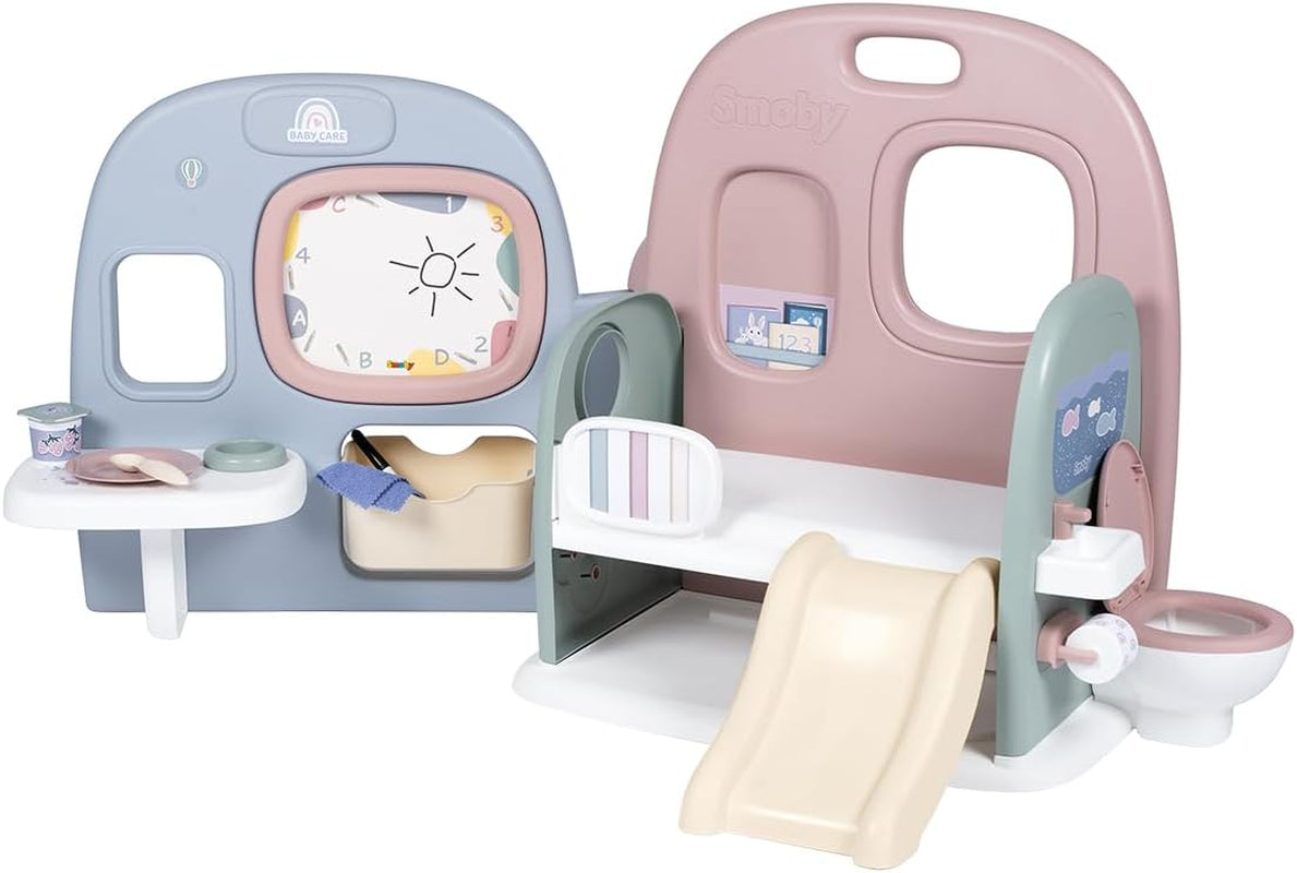 Smoby - Péče o miminko Dětská školka pro panenky - Herní centrum pro panenky Jeslička + Mateřská školka Každodenní život - Skládací hrací plocha s otáčením o 360° - 6 doplňků - Vyrobeno z 90 % z recyklovaného materiálu ve Francii, od 3 let