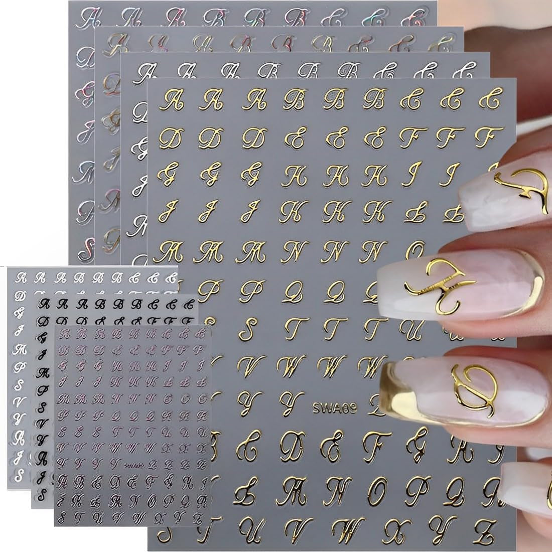 7 Blätter 3D abeced Nagelsticker Nagelfolie Selbtklebend Buchstaben Aufkleber Nägel Zubehör Nagelaufkleber Klebebuchstaben Aufkleber Selbst Gestalten Letter Letters Samolepky na nehty