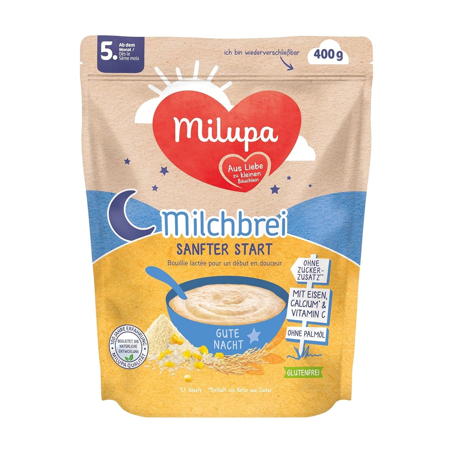 Mléčná kaše Milupa Gentle Start - Cereálie pro kojence bez lepku, bez palmového oleje - Bez konzervantů a barviv - Od 5 měsíců - 4 x 400 g