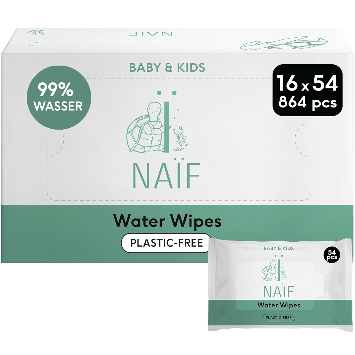 Naïf - Vlhčené ubrousky bez plastů - 864 kusů (16 balení po 54 ubrouscích) - Péče o dětský zadeček, tělo a obličej - 99% voda - 0% parfém a alkohol
