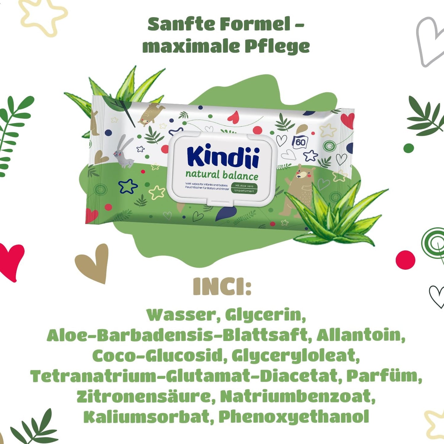 Kindii Natural Balance vlhčené ubrousky pro miminka – (1 x 60 ks) Vlhčené ubrousky pro miminka a děti – Ochranné, Aloe Vera, Jemná vůně – 60 ks.
