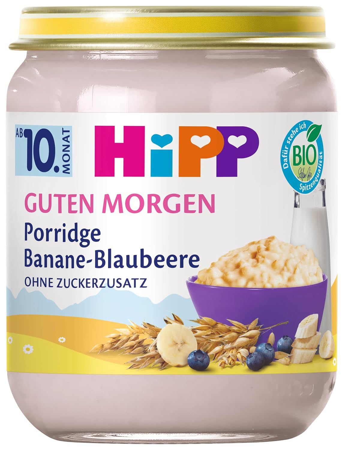 HiPP Dobré ráno bio ovesné vločky s banány a borůvkami (6 x 160g), od 10 měsíců, bez přidaného cukru, dobré teplé i studené, nejlepší bio kvalita