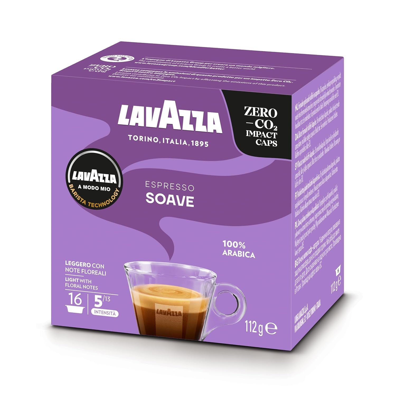 Lavazza, A Modo Mio Soave 256 Kaffeekapseln, für einen leichten und eleganten Espresso s aromaticschen Noten von Blumen, 100% Arabica, Intensität 5/13, medium Röstung, 16 Packungen mit je 16