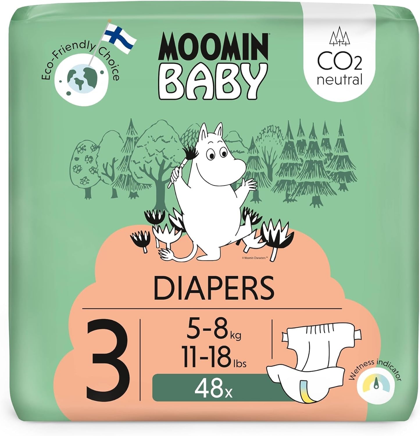 Moomin Dětské eko plenky, velikost 3, 5-8kg, 48 kusů, Premium měkké plenky | Měkký a šetrný k pokožce, prodyšný, savý, bez zbytečných chemikálií |