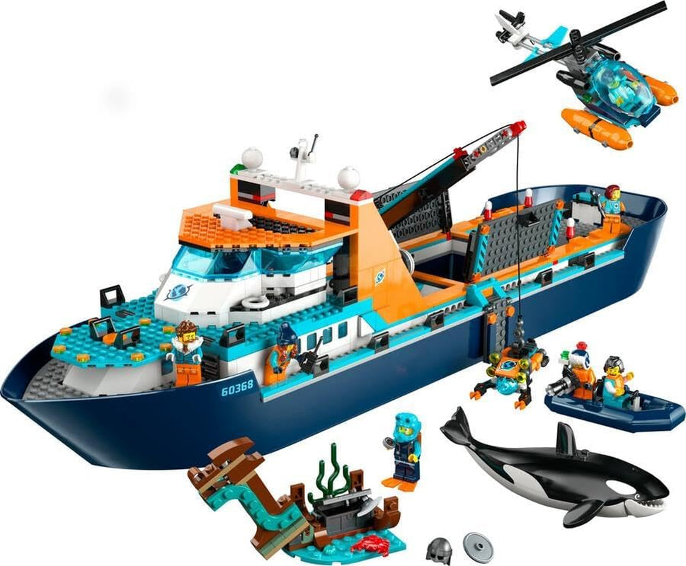 Arktická výzkumná loď LEGO City, velký plovoucí člun s helikoptérou, nafukovací člun, ponorka Rov, vrak vikinga, 7 minifigurek a figurka orky, dárek pro děti starší 7 let 60368 Stavebnice Besuche den LEGO-Store