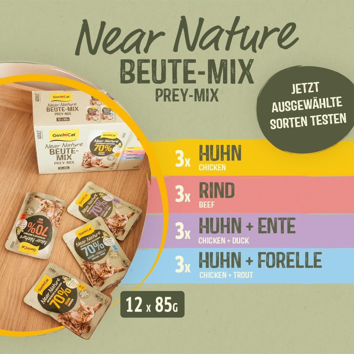 GimCat Near Nature Trial Mix 12 Pack - Bezobilné krmivo pro kočky od 7 měsíců s recepturou vhodnou pro daný druh a kořist - 12 sáčků (12 x 85 g)