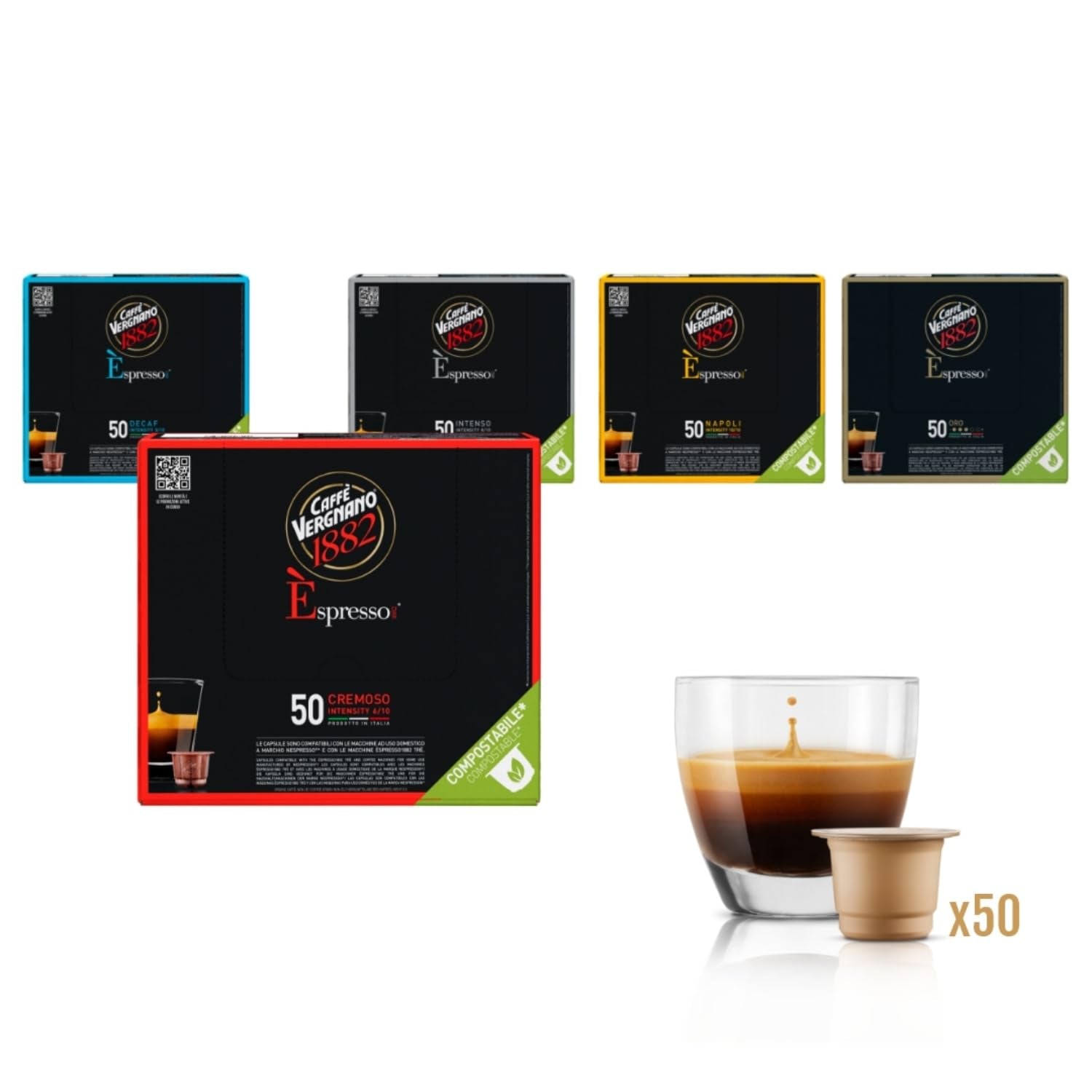Caffè Vergnano 1882 - Èspresso Kompostierbare Kaffeekapseln, kompatibilní s Nespresso, Cremoso (krémová) - Packung Enthält 50 Kapseln