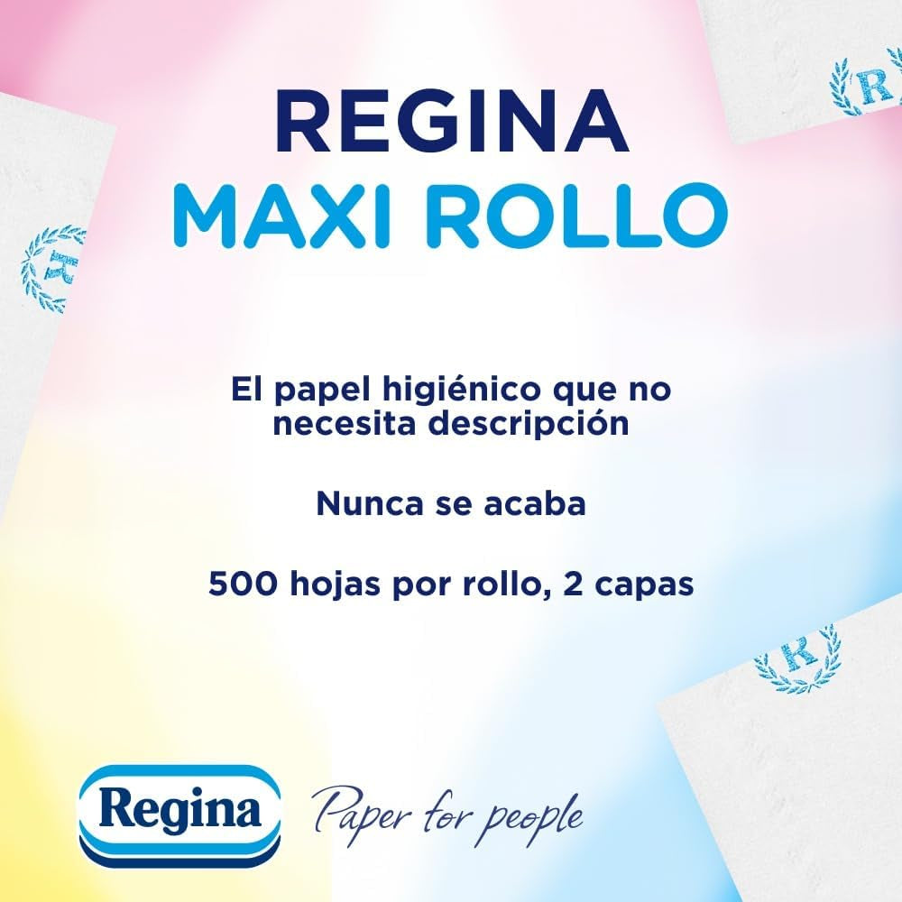 Regina Maxi Roll – 4 role toaletního papíru, 500 2vrstvých listů na roli, více než trojnásobek standardní role, 60 % recyklovaný plastový obal, 100 % certifikovaný papír Fsc