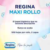 Regina Maxi Roll – 4 role toaletního papíru, 500 2vrstvých listů na roli, více než trojnásobek standardní role, 60 % recyklovaný plastový obal, 100 % certifikovaný papír Fsc