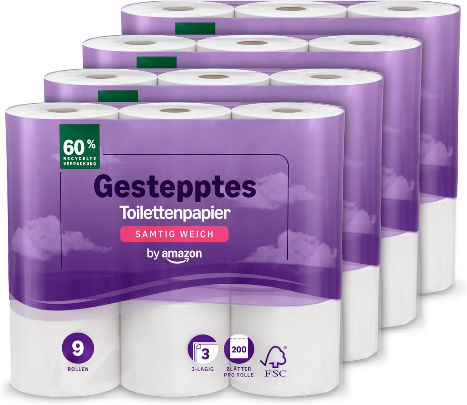 Toaletní papír Amazon, 3vrstvý prošívaný, sametově měkký, 36 rolí (9 rolí, balení po 4), 200 listů na roli, certifikováno Fsc