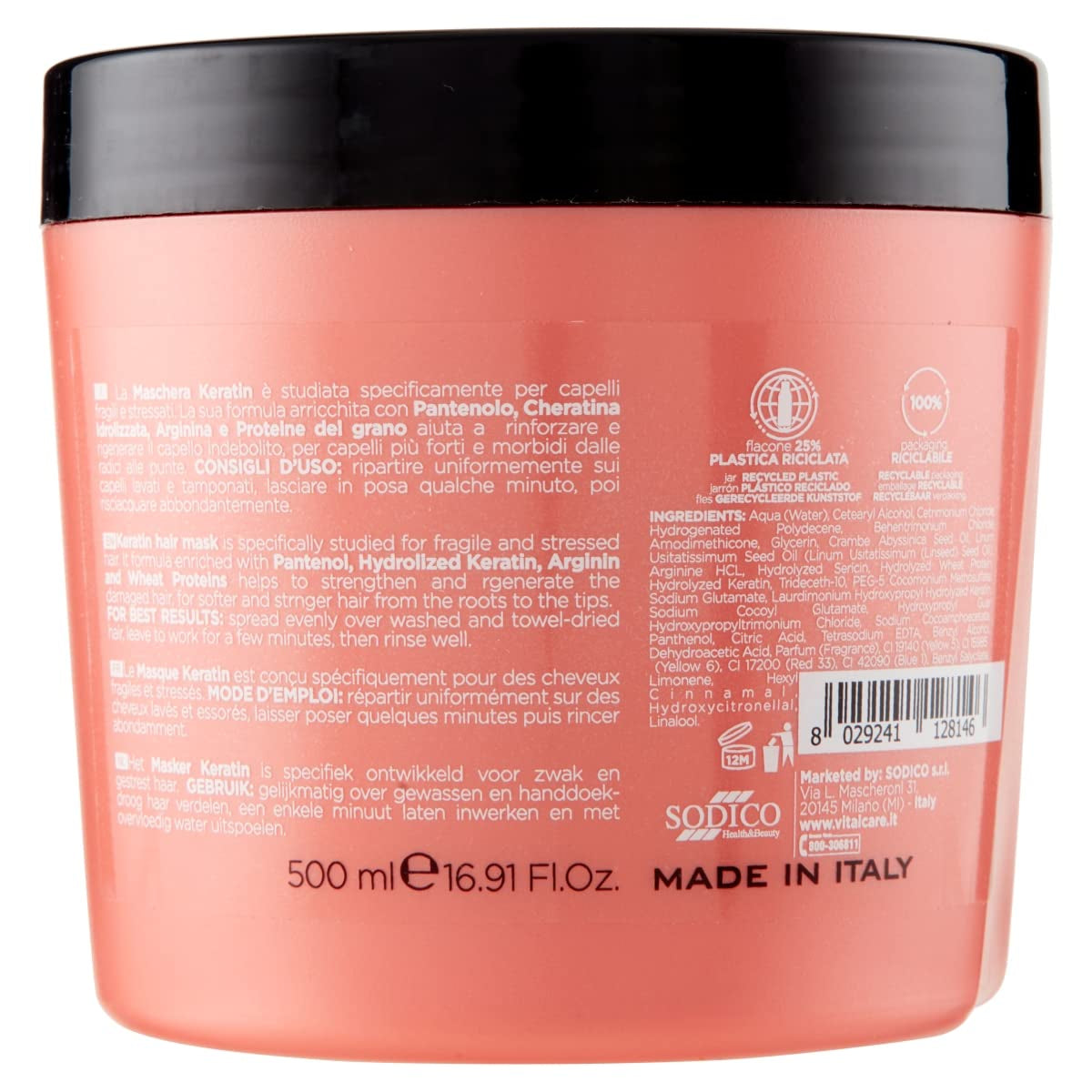 | Keratin - Posilující maska na vlasy pro lámavé a poškozené vlasy s keratinem a argininem pro silnější a jemnější vlasy 4 x 500 ml Naty Shop Hair Mask