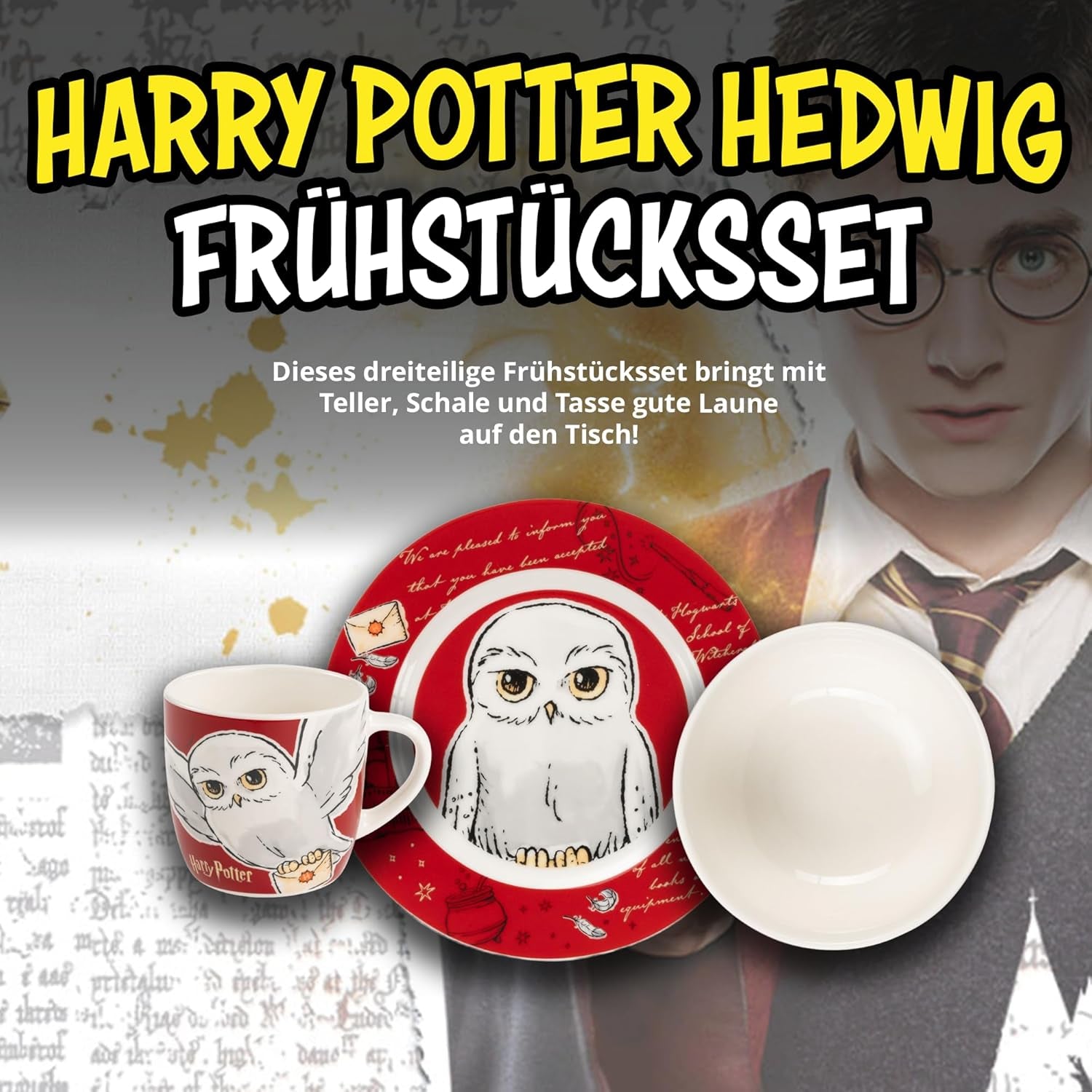 Harry Potter 3dílná sada nádobí, červená, porcelánová snídaňová sada s talířem Ø 19 cm, hrnkem 220 ml a miskou 330 ml, sada nádobí