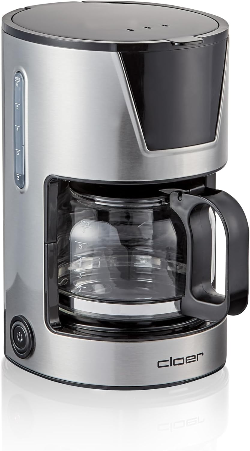 Filtr na espresso na 6 šálků Cloer, funkce jemného udržování teploty, skleněná karafa, odměrka, ukazatel hladiny vody, systém proti odkapávání, automatické vypínání, velikost filtru 1x2, 550 W, nerezová ocel