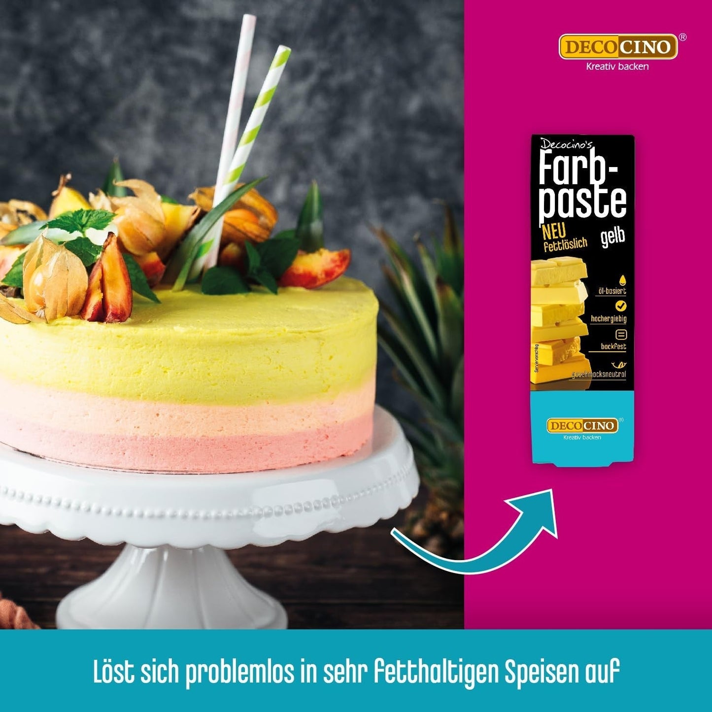DECOCINO Žlutá barvicí pasta rozpustná v tucích - 15 g - Potravinářské barvivo na olejové bázi, ideální pro barvení čokolády, máslového krému, fondánu nebo těsta na sušenky