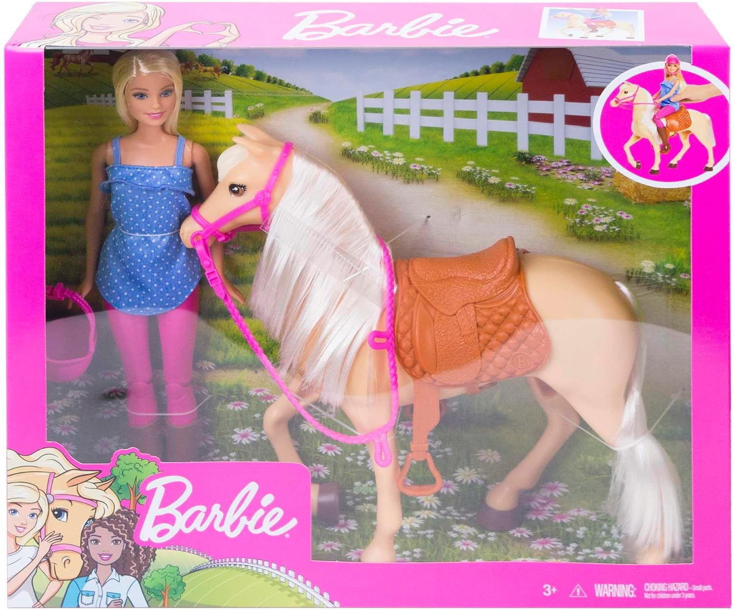 Panenka Barbie a hračka koně, jezdecké doplňky, obsahuje 1 panenku a 1 koně, vhodné jako dárek pro děti od 3 let, FXH13