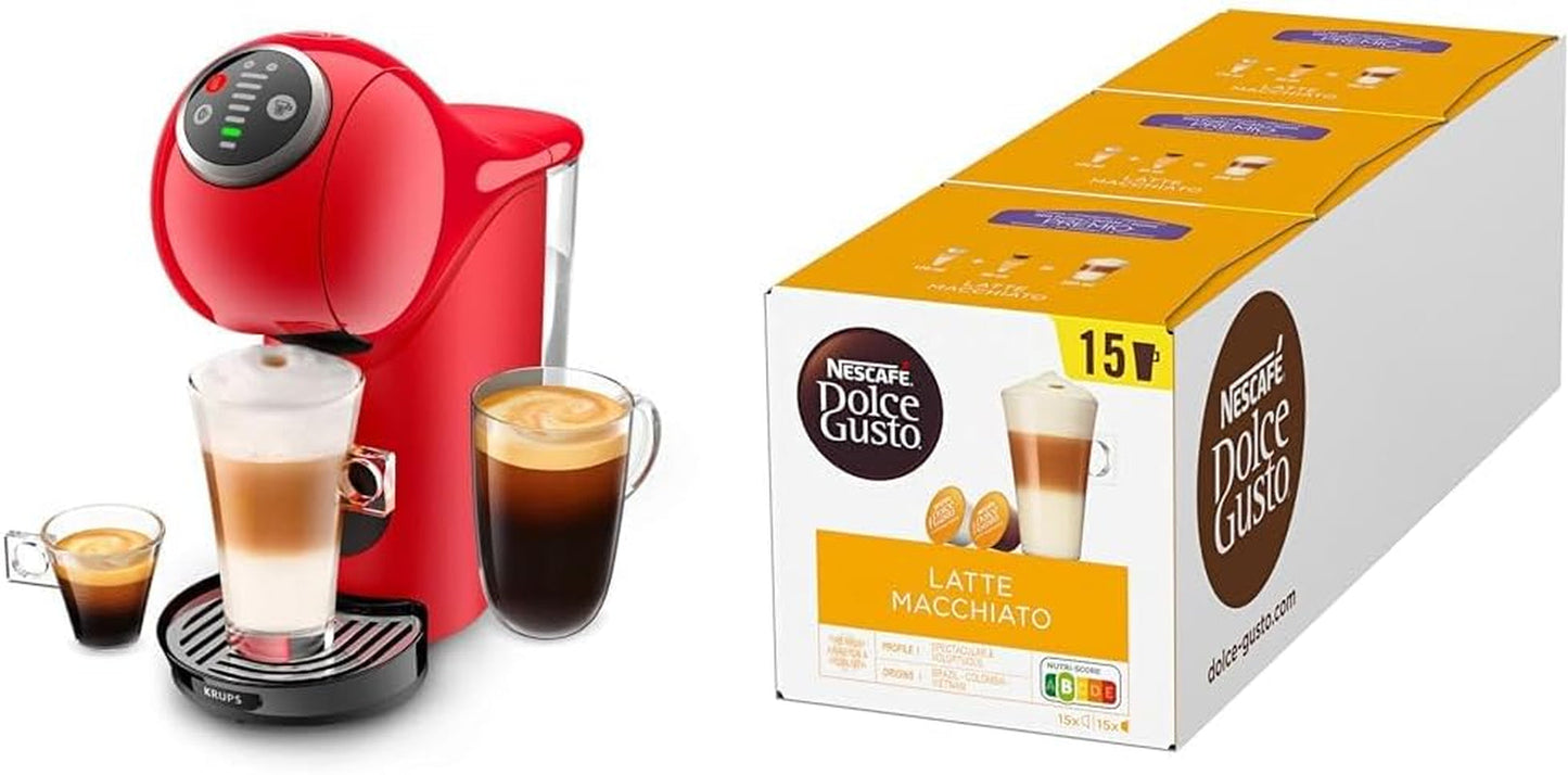 NESCAFÉ DOLCE GUSTO Krups KP3405 Genio S Plus Capsule Machine | Espresso Boost, tlak čerpadla 15 barů | Nádrž na vodu 0,8 l | 1500 Watt | Barva červená s Latte Macchiato