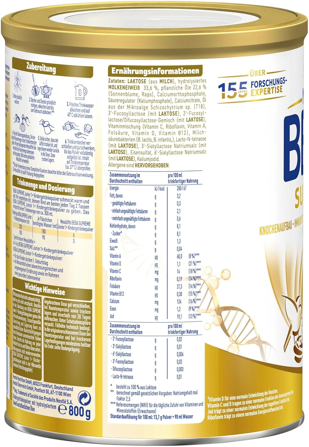 BEBA SUPREME JUNIOR 1 Plus - Nápoj pro děti od 1 roku, s komplexem 6 HMO, bez laktózy, bez palmového tuku, bez rybího tuku, výživa pro malé děti, sušené kojenecké mléko, balení 6 ks (6 x 800g)