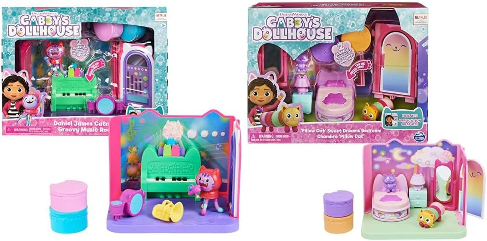 Pokoj Gabby Dollhouse Deluxe Room Groovy Music Room a Deluxe Room Sweet Dreams Fluffy Cat Ložnice