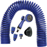 590078 – Sada spirálových hadic, modrá, 15 metrů (průměr 9 mm) + multifunkční pistole s 8 tryskami + automatický vnitřní závit s ¾-½ adaptérem + 2 rychlospojky + závěsný držák