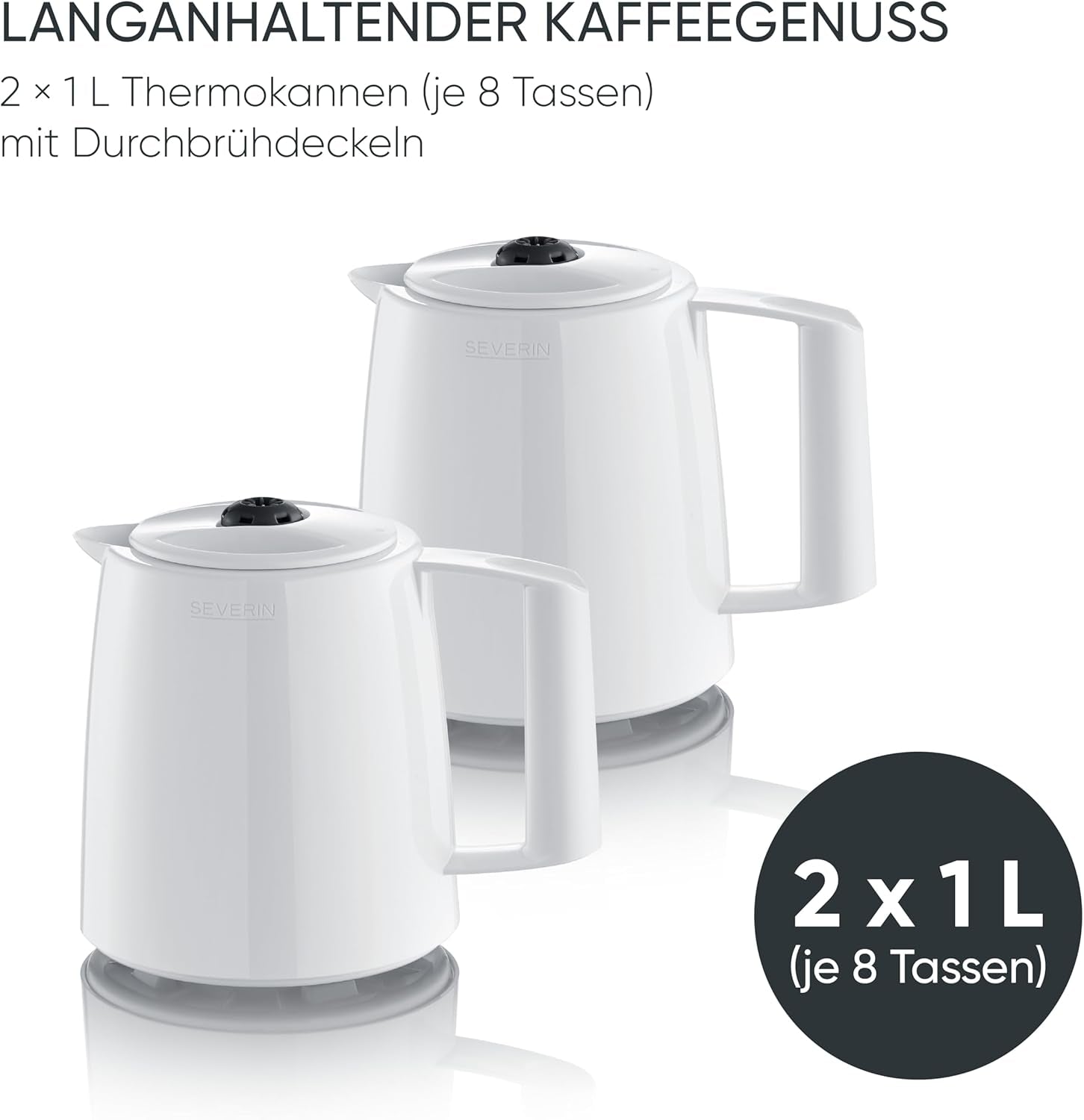 Espresso kávovar Severin s filtrem a 2 termo karafami, espressovač s víkem, nalévání bez kapání, dlouhé udržování teploty, automatické vypínání, 1000 W, cca. 1 litr, bílá, KA 9309