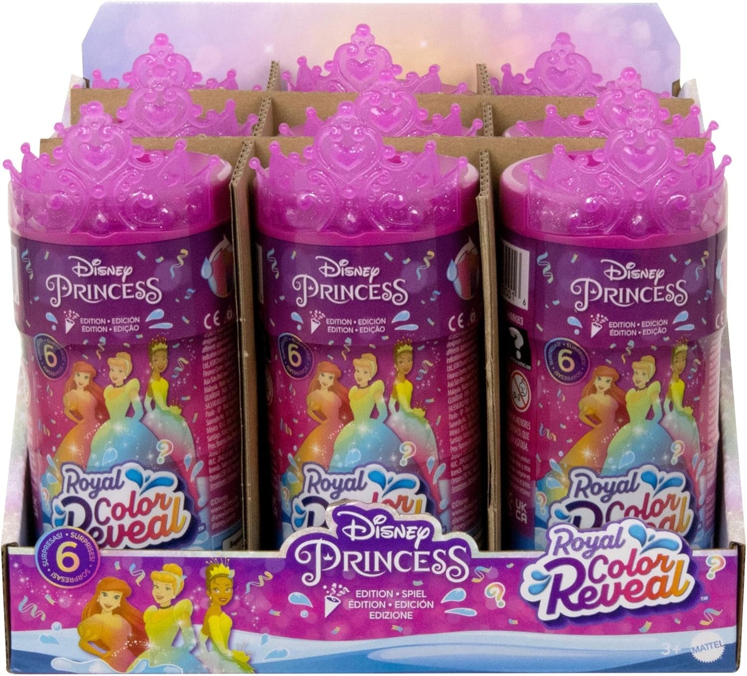 Disney Princess Color Reveal – 6 panenek s překvapením aktivovaných vodou, doplňky, pro děti od 3 let, Ariel, Tiana, Mulan, Popelka, Belle, Aurora, HPX39
