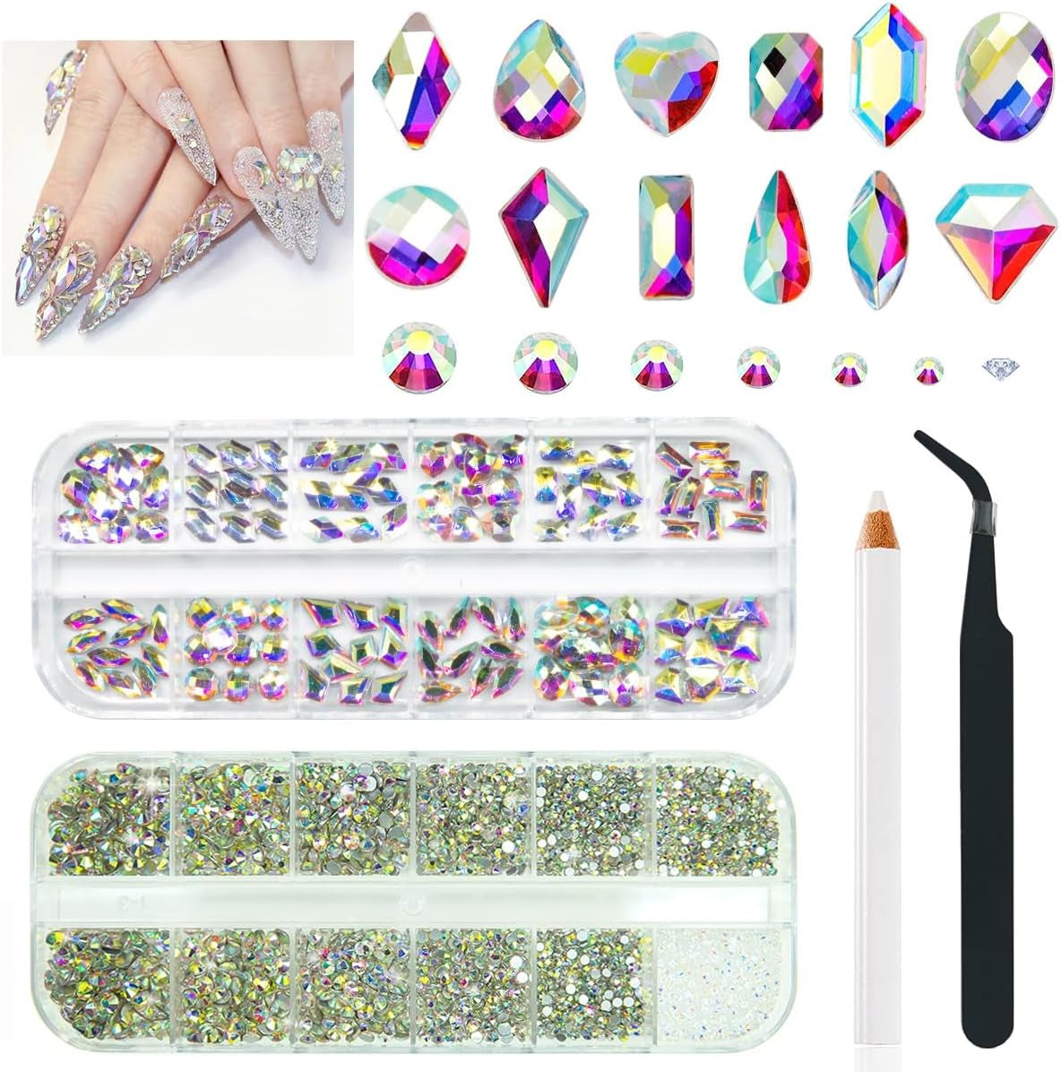 2630ks AB Crystal šumivé kameny na nehty, 120 12 typů Velké šumivé kameny + 2510 6 velikostí Kulaté skleněné kamínky K9 na nehty, kamínky, vzory na nehty, kouzla na nehty pro Face Art