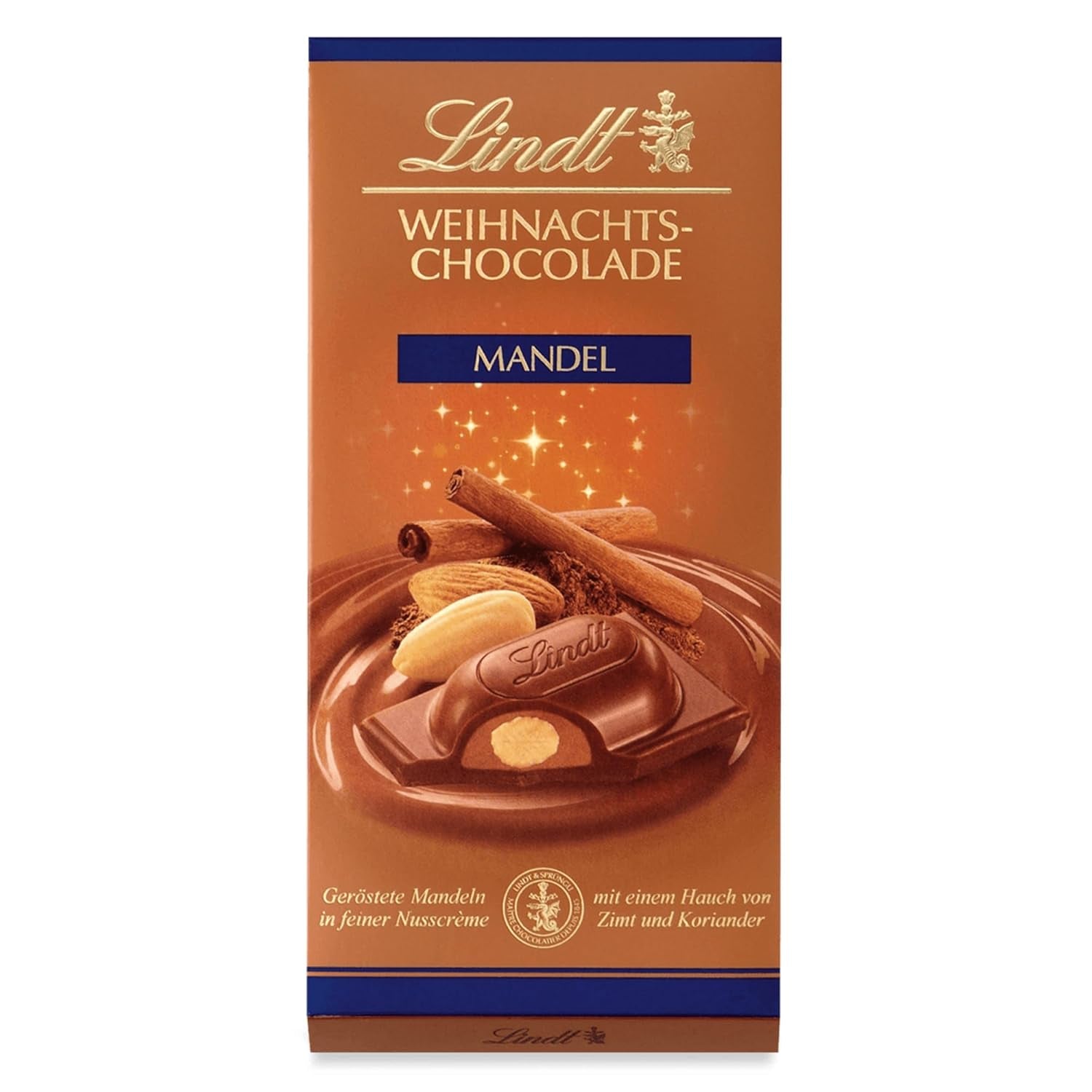 Vánoční mandlová čokoládová tyčinka Lindt | 100 g | Mandle v ořechovém krému zalité tou nejjemnější mléčnou čokoládou | Vánoční čokoládový dárek