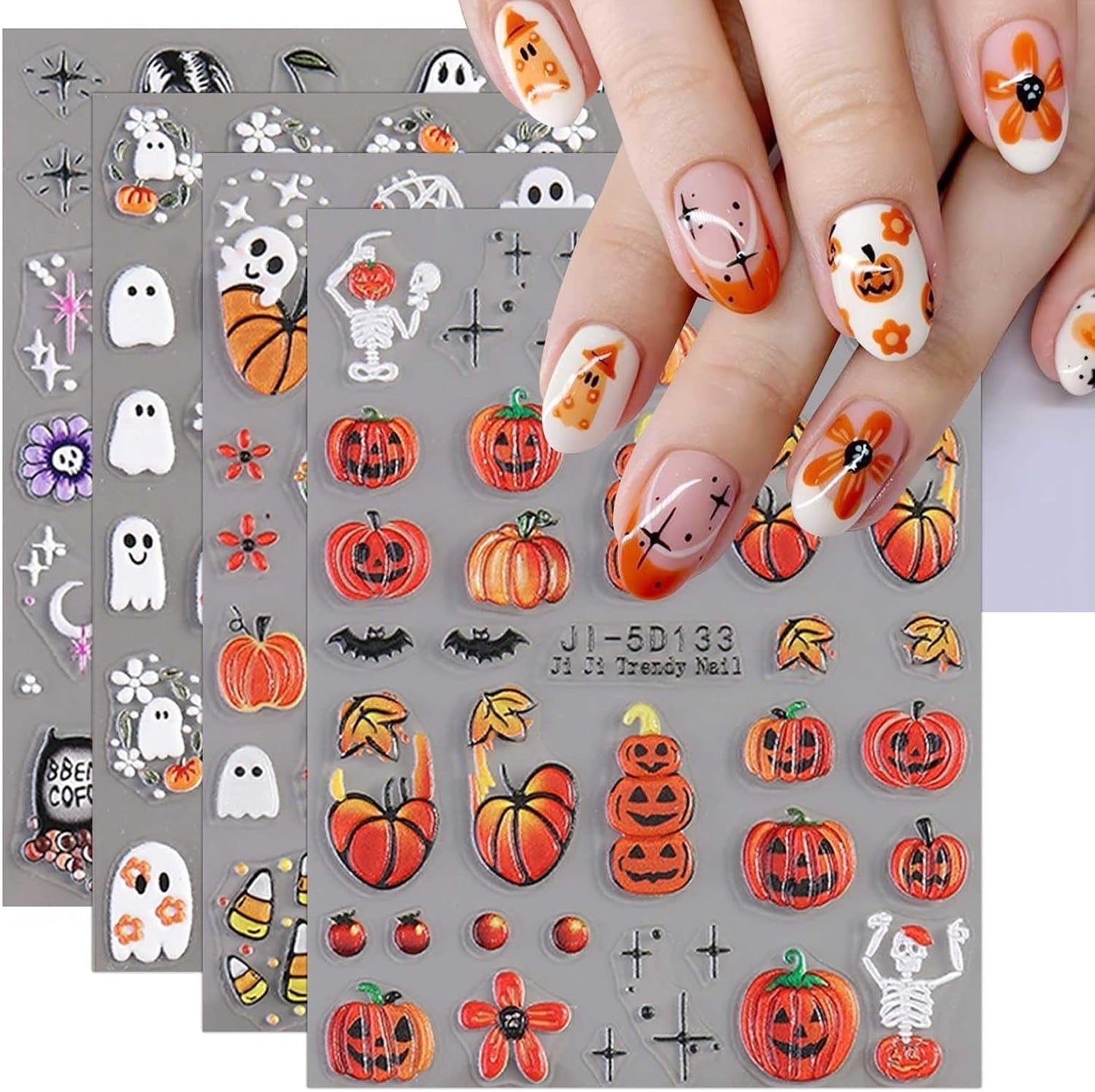 JMEOWIO 3D Nálepka na nehty Halloween Nail Art Nálepka Selbstklebend Nagelaufkleber 5D Stereoskopisch Süßer Geisterkürbis Dekoration Nageldesign Zubehör 4 Blatt